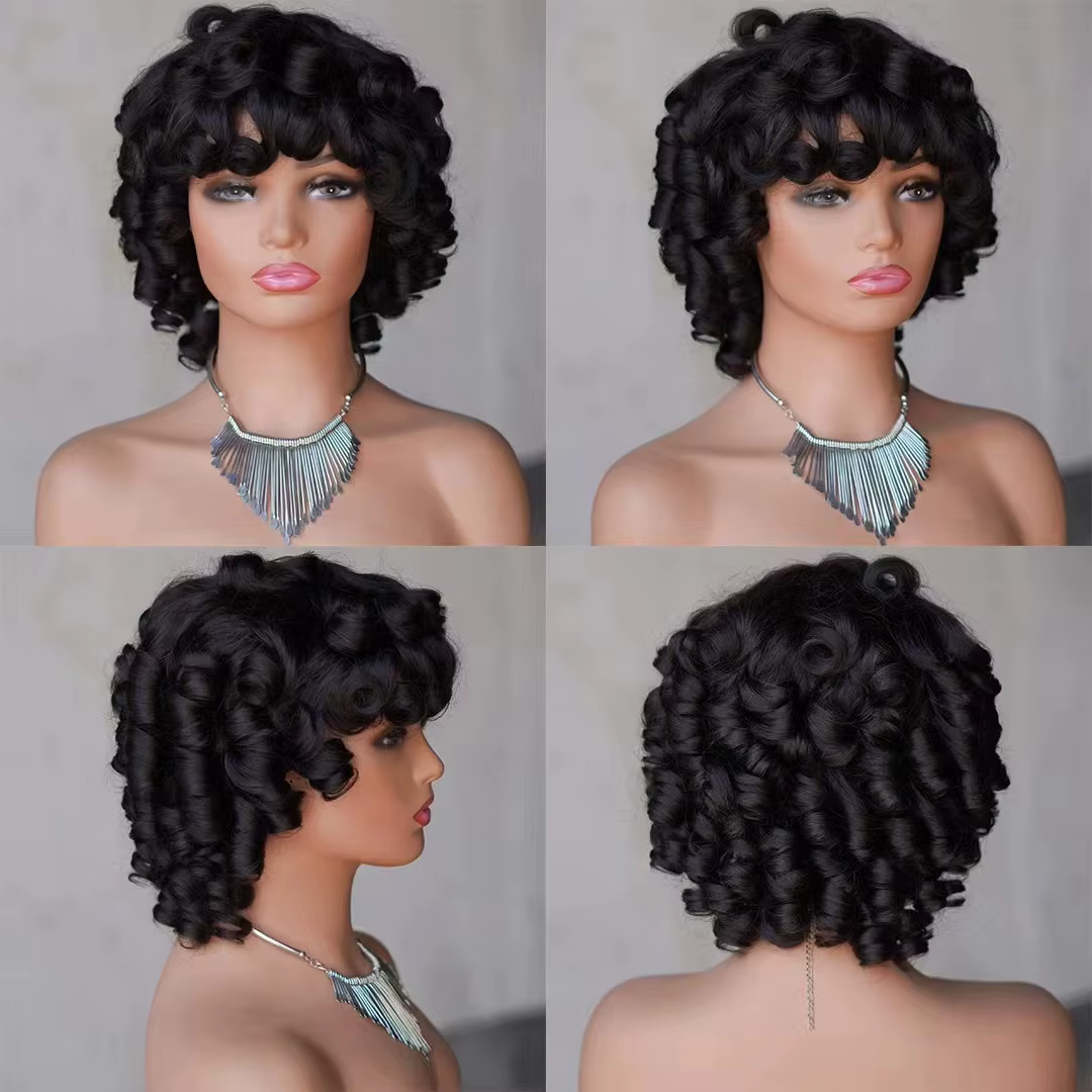 Fumi bouclés perruques de cheveux humains frange perruque coupe lutin Rose bouclés pas cher pleine M