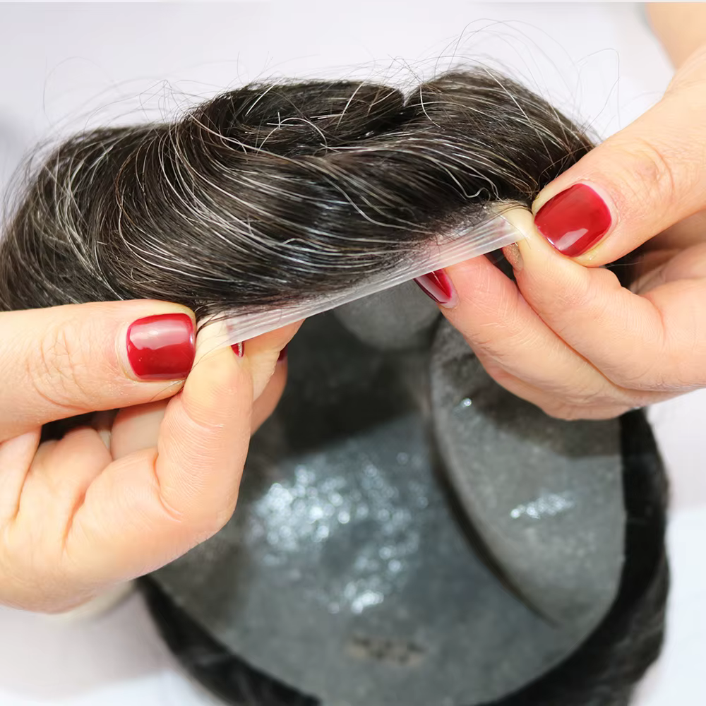 Délié naturel 0.02mm Base de peau Super mince toupet pour hommes 80 ~ 90% densité gris mâle système 