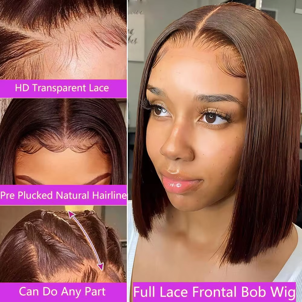 Perruque Bob Courte Vietnamienne 100% Cheveux Humains Couleur Brun Chocolat 13x4 Full Lace Frontal D