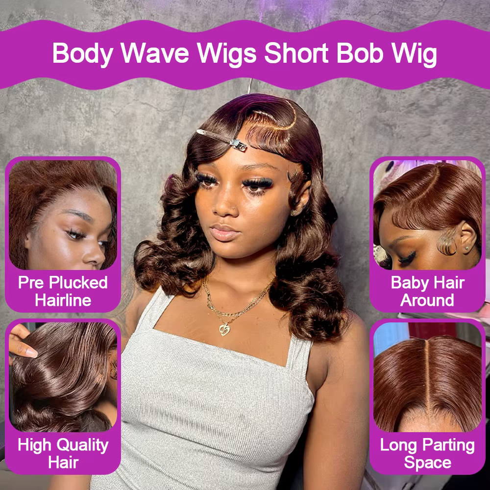 Perruque Bob courte ondulée marron chocolat, cheveux humains sans colle, 13x4 HD, Lace Frontal Wig 1