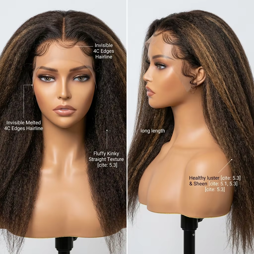 Perruques de cheveux humains raides et bouclés 4C avec bordures naturelles, perruque sans colle 5x5