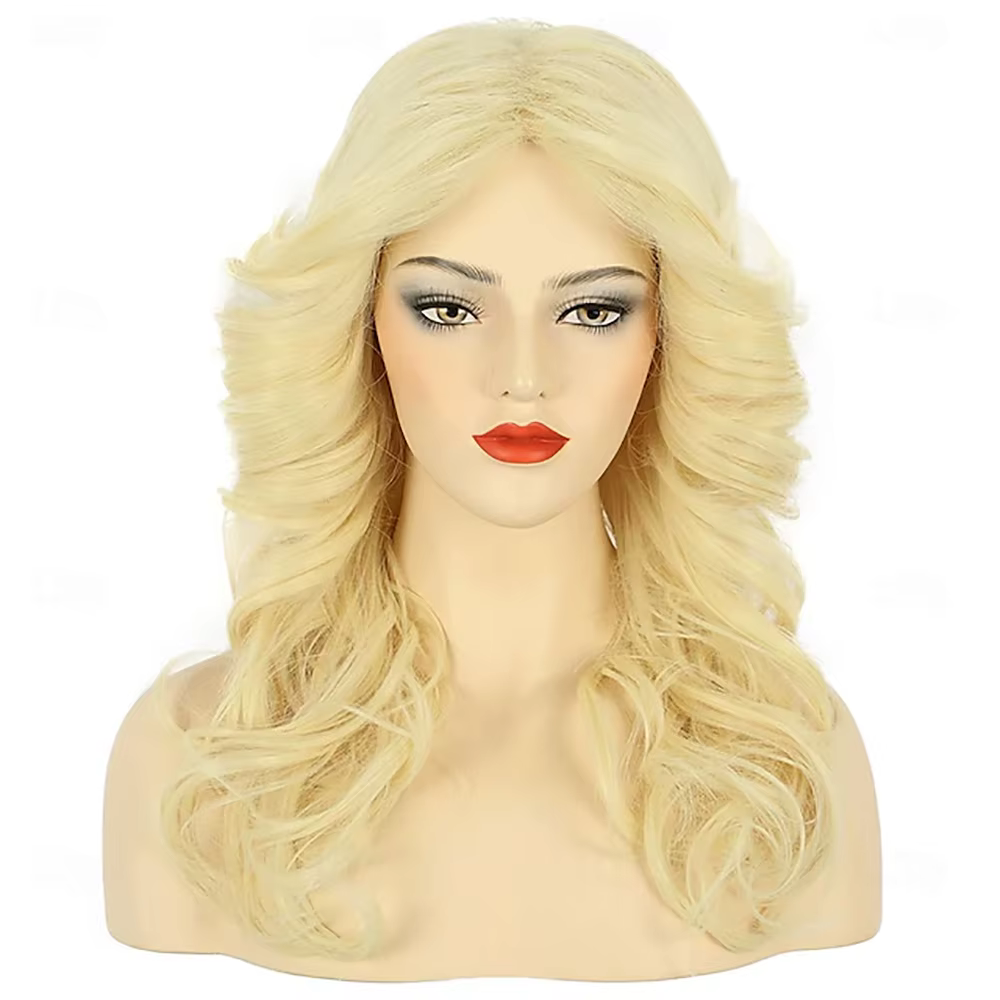 Perruque synthétique à plumes des années 70 pour femmes, perruque longue ondulée Blonde pour chanteu