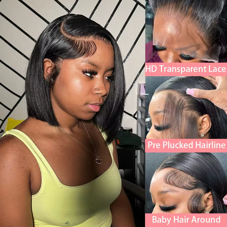 Perruque Bob en cheveux humains, densité 200%, frontale en dentelle HD 13x4, courte et droite, pré-é