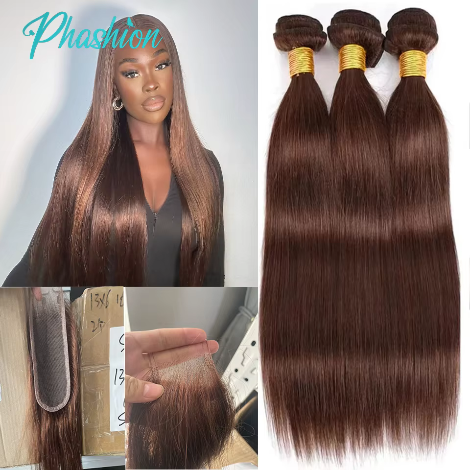 Phashion # 4 paquets droits brun chocolat armure avec fermeture à lacets 2x6 cheveux humains colorés