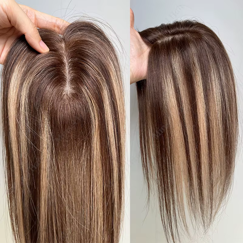 Topper de cheveux humains brun Ombré Balayage 7x11cm, base en PU injecté effet peau, extensions à cl
