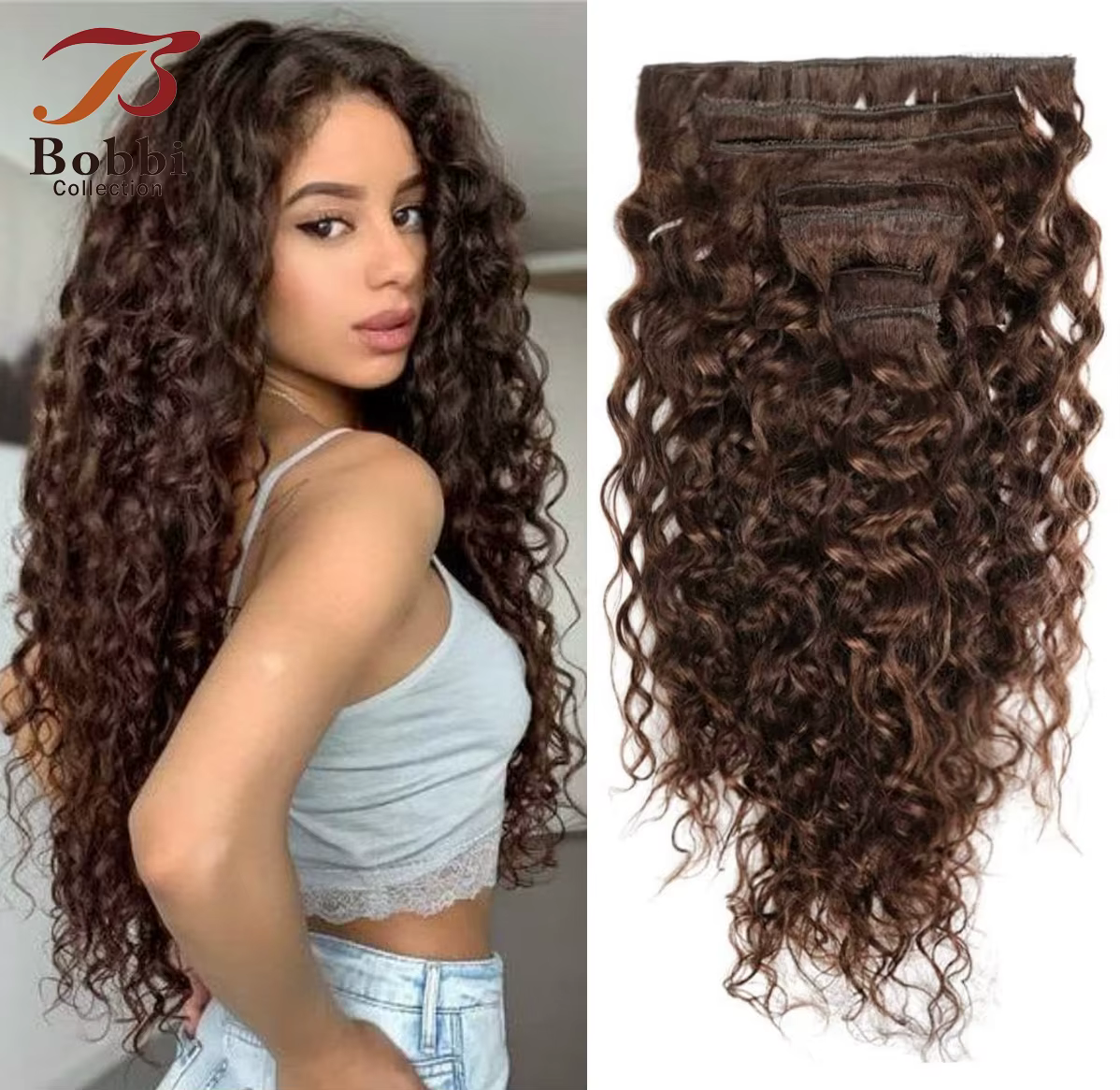 Pince bouclée brune dans les Extensions de cheveux vrais cheveux humains Double trame pince sans cou
