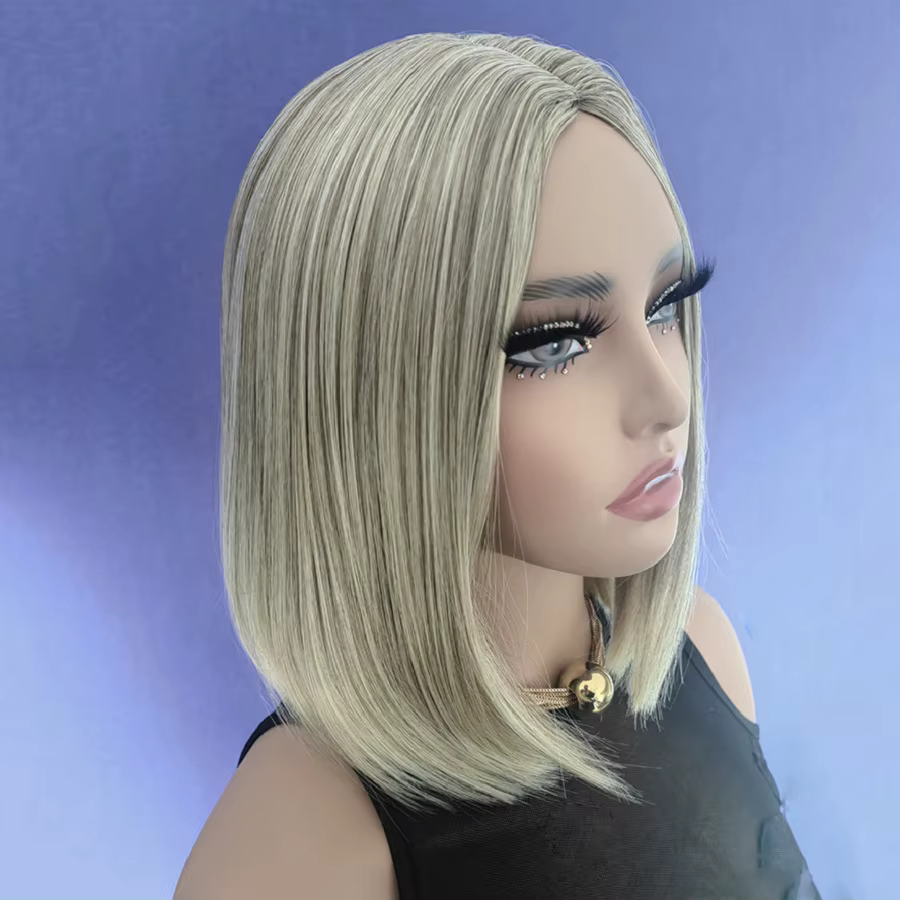 Perruque Bob pour femmes, cheveux synthétiques courts et lisses avec reflets blonds, partie centrale