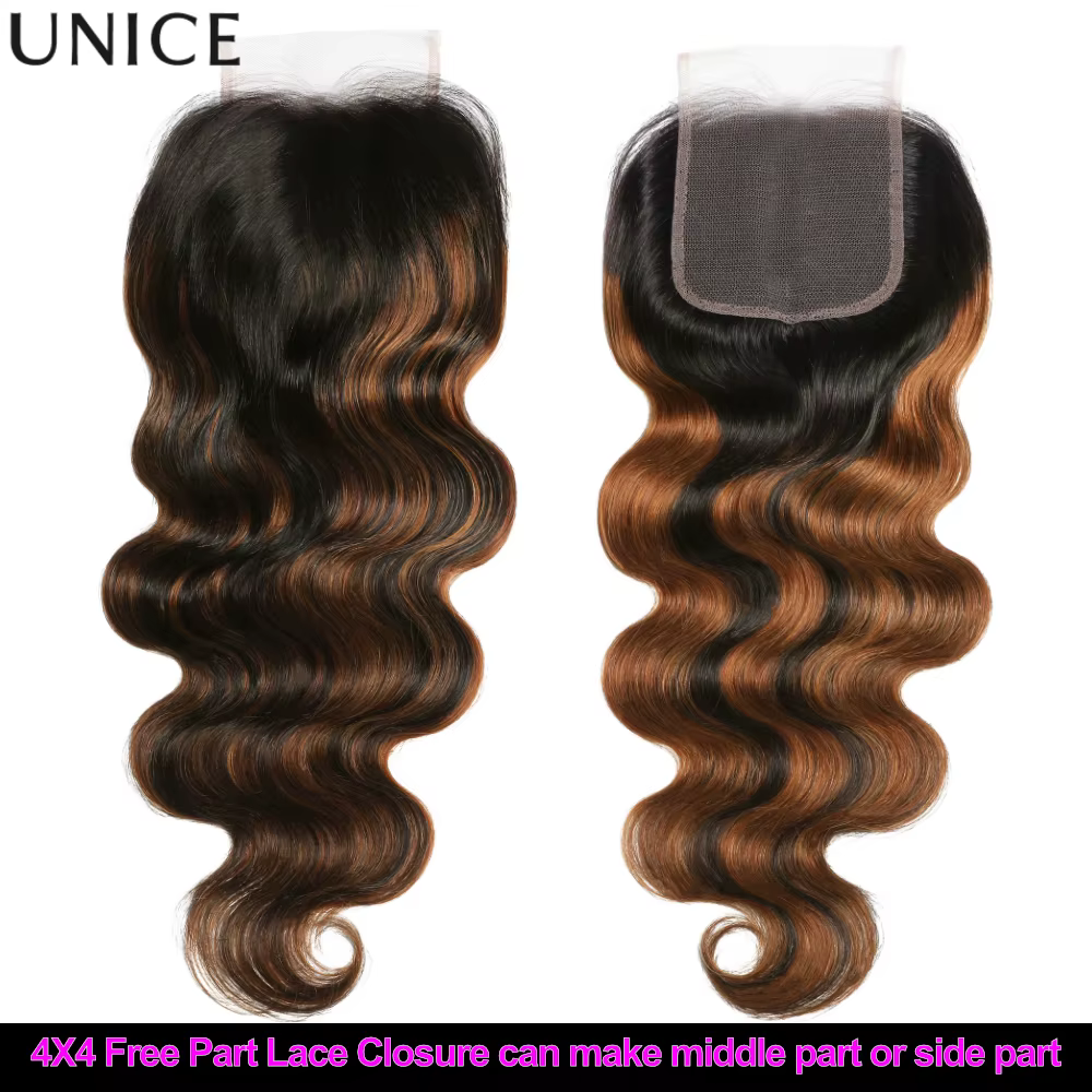 UNice Ombre Brown Highlights Body Wave 4x4 Lace Closure 1PC 100% Cheveux Humains Closure Free Part