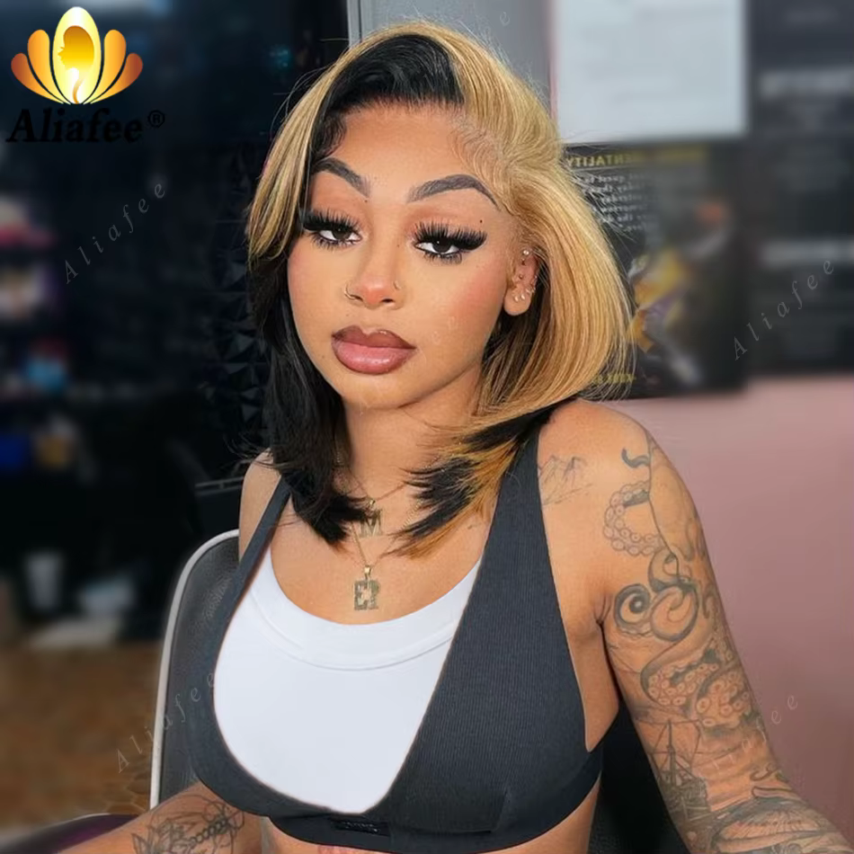 Perruque Bob Lace Wig Naturelle Lisse, Cheveux Courts, Blond Miel 1B, Densité 200%, 13 Tages, pour F