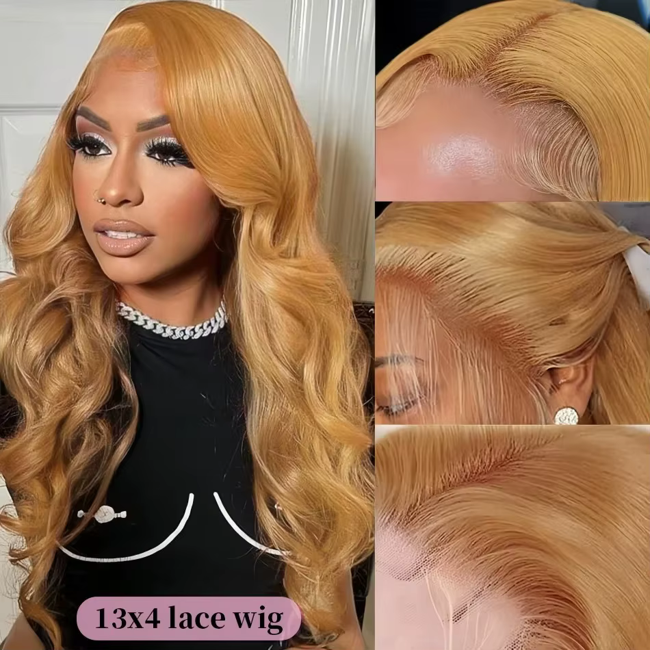 Perruques brésiliennes en cheveux humains ondulés, blond miel 27, avec dentelle frontale HD 13x6 et