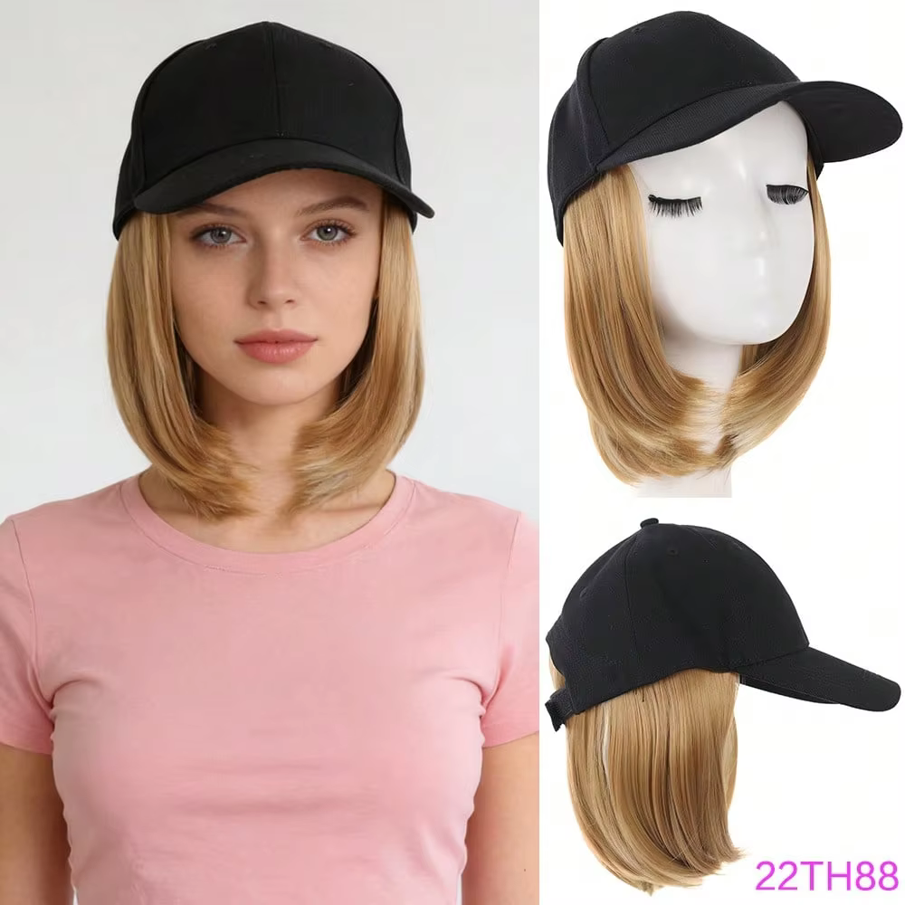 Casquette de baseball avec extensions de cheveux synthétiques, coiffure courte et droite style bob, 