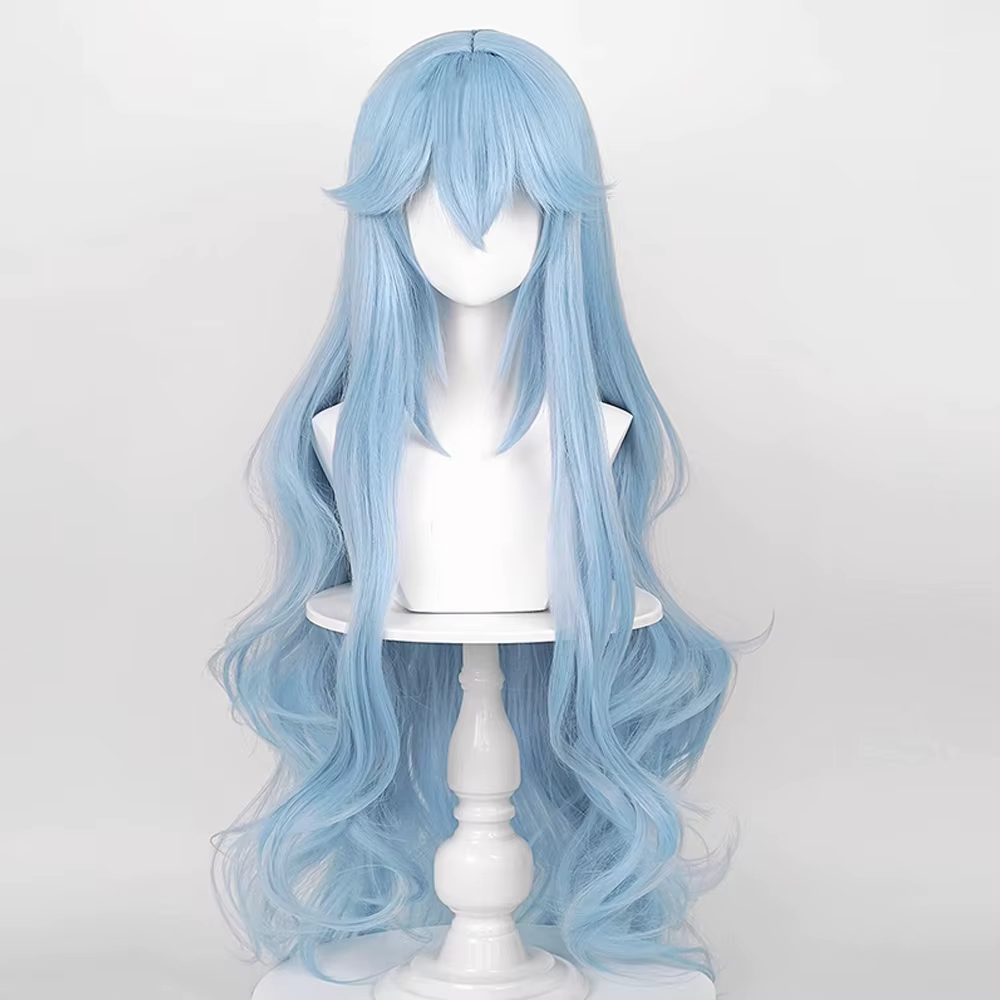 Perruque synthétique longue ondulée bleue pour femmes, avec frange, perruque moelleuse de jeu d'anim