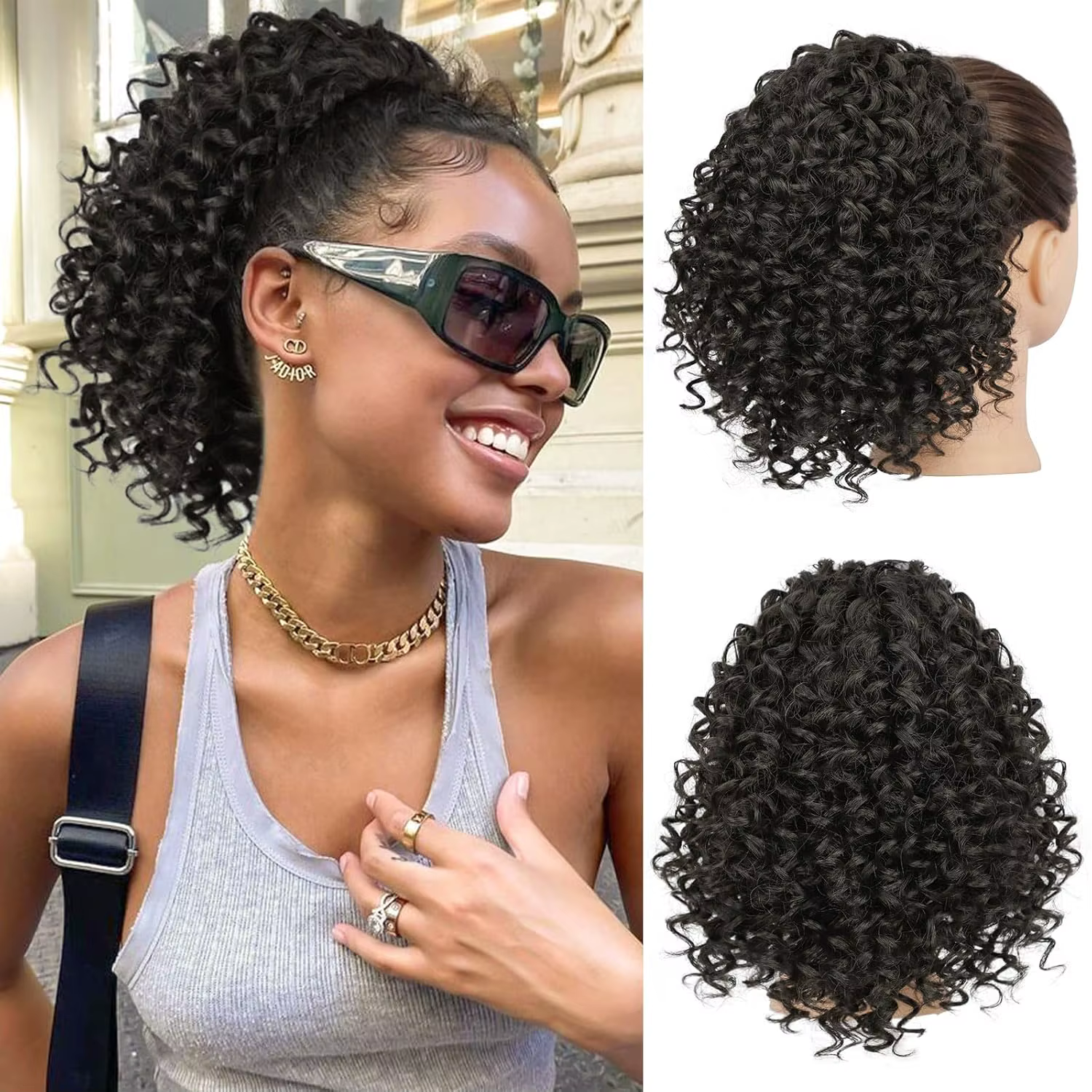 Queue de cheval à cordon pour femmes, extension de queue de cheval bouclée noire pour femmes noires,