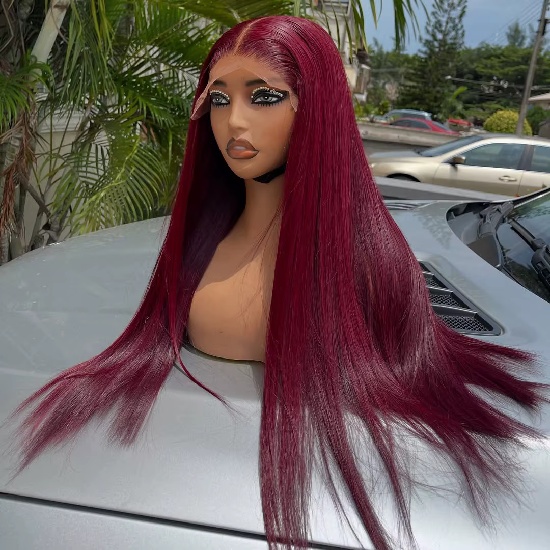 Perruque Lace Frontal Wig synthétique lisse 99J, couleur rouge bordeaux, 13x4x1 HD, pre-plucked, nœu