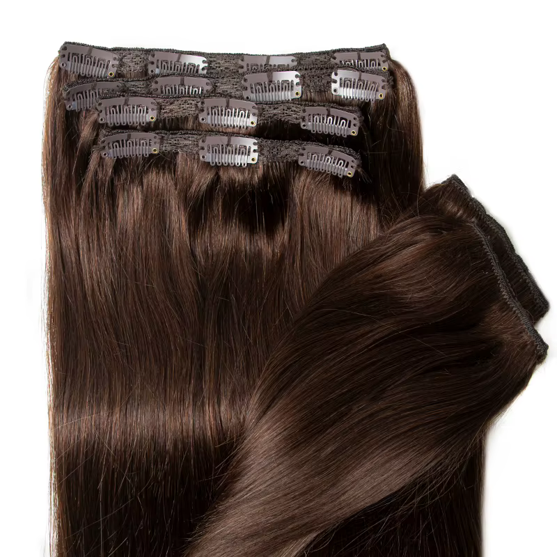 Extensions de Cheveux Humains à réinitialisation Brun Foncé, Grand Volume Sans Couture, Tête Complèt