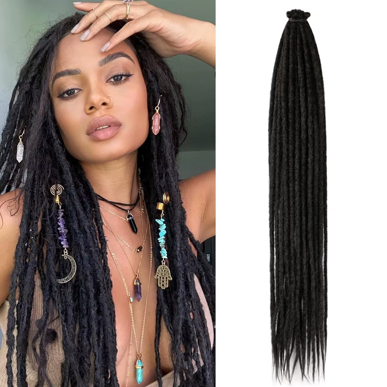 Extensions de dreadlocks synthétiques de 24 pouces, 10 racines/paquet, dreadlocks hippie à une extré