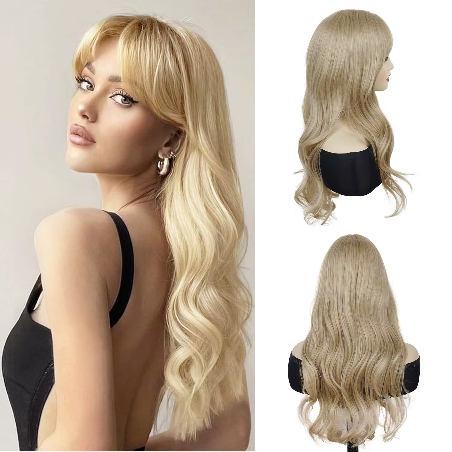 Sabrina – perruque de charpentier longue blonde avec frange, cheveux synthétiques ondulés, coiffure,