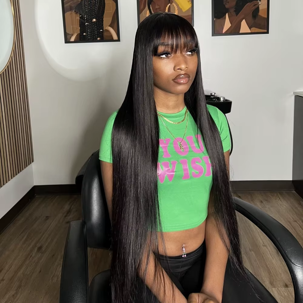 Perruques en cheveux humains lisses avec frange, perruque noire 1b, pas de dentelle, couleur naturel