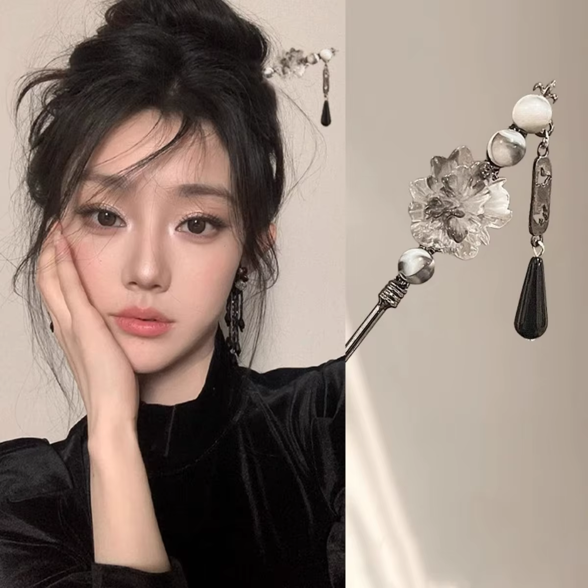 Épingle à cheveux à fleurs de Style néo-chinois, bâton de cheveux à pampilles de fleurs colorées pou