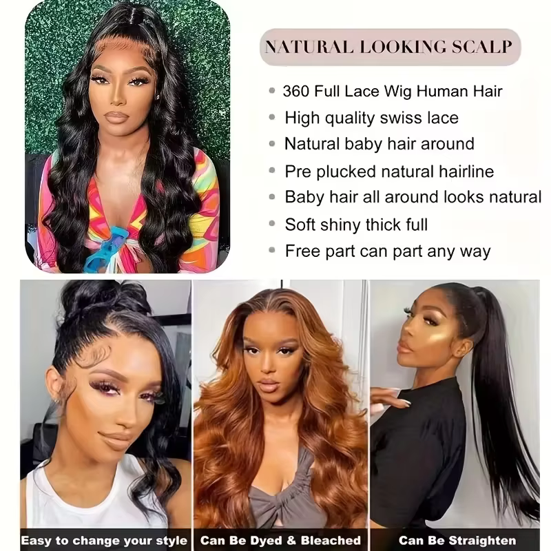 Perruque Body Wave 360 Lace Invisible avec cordon de serrage, cheveux humains brésiliens, 32 pouces,