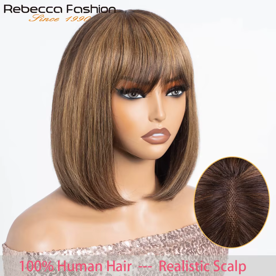 Rebecca droite Bob dentelle perruques sans colle droite perruques de cheveux humains avec frange fra