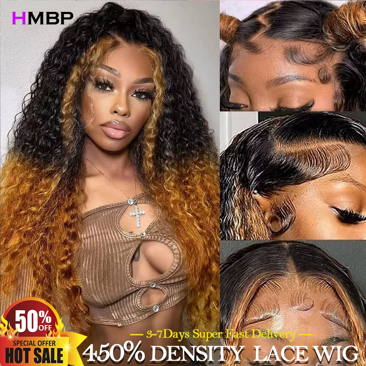 Honey Blonde Glueless Wigs, Deep Wave Wear and Go, Hd Lace Frmetals Wig, Human Hair, Ombre Water Wav