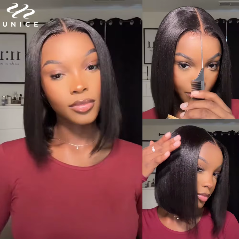 UNice Hair 7x5 & 13x4 dentelle Yaki droite cheveux humains Bob perruque avec cordon pré coupé pré bl