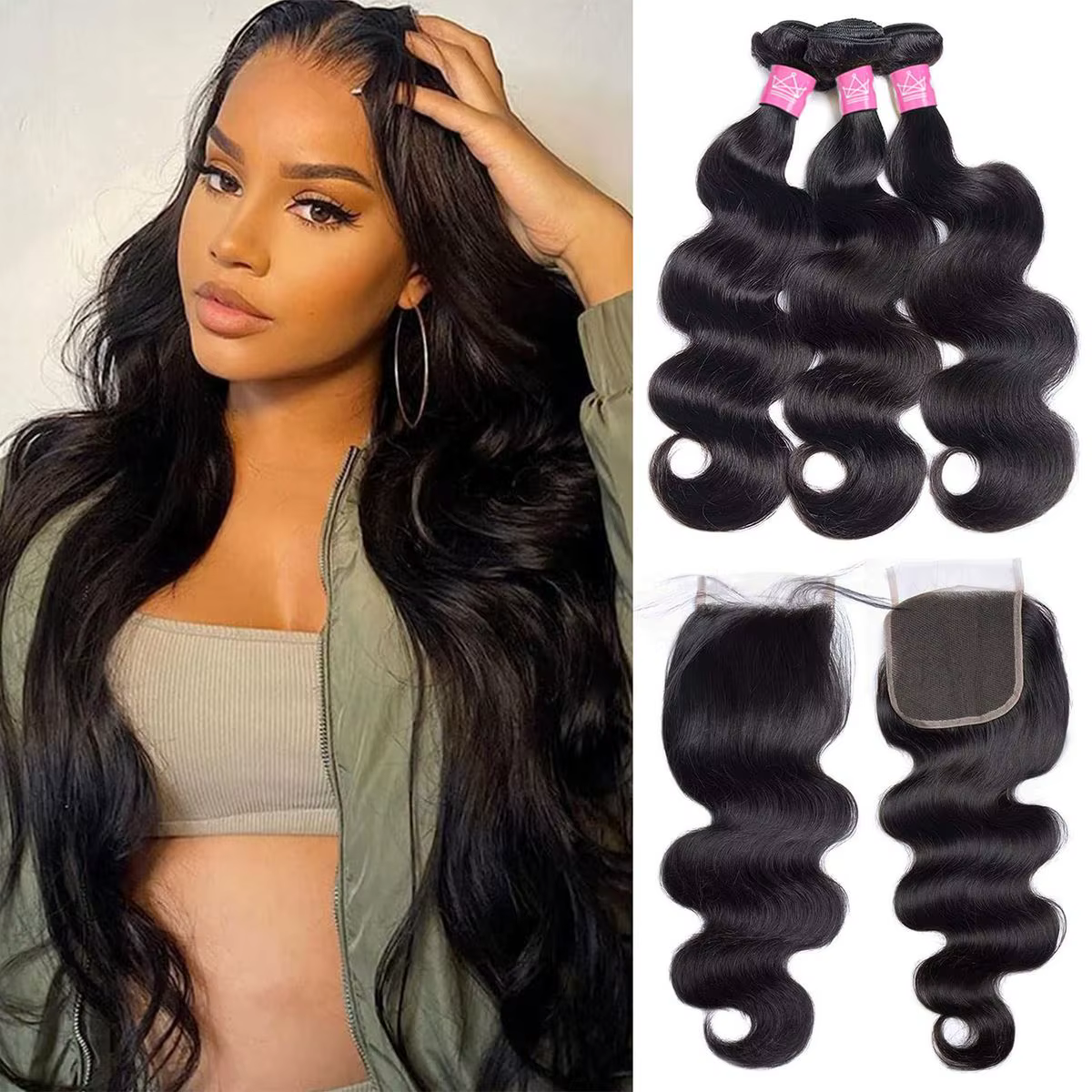 Lot de 3 Bundles de Cheveux Humains Remy avec Closure en Dentelle 4x4 et Closure en Dentelle 5x5 Bré