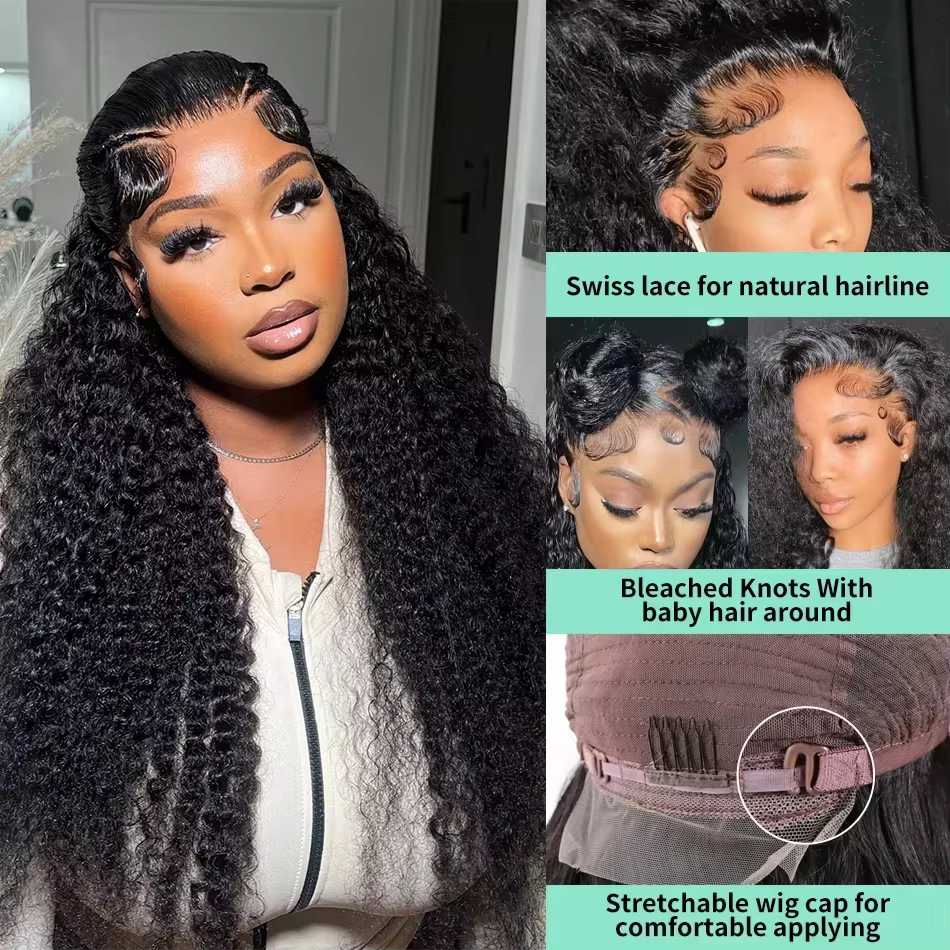 Perruque Lace Frontal Wig brésilienne naturelle, cheveux humains, Deep Wave, Transparent, 40 46 pouc