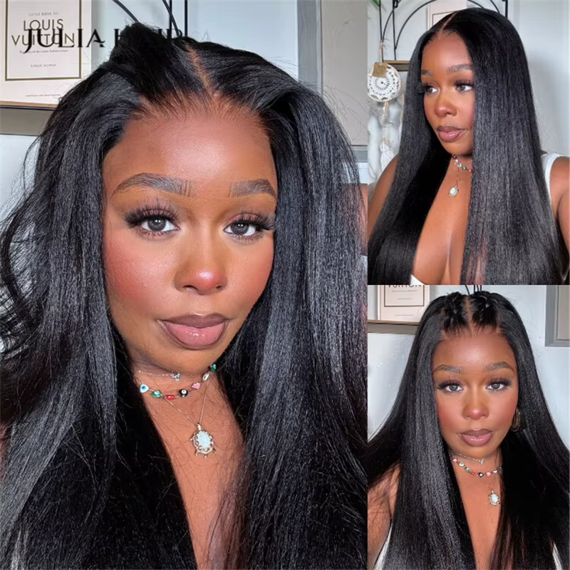 Perruque sans colle Julia Hair 7x5 Yaki Lisse, Cheveux Humains, Effet Bye Bye Knots, Dentelle Fronta