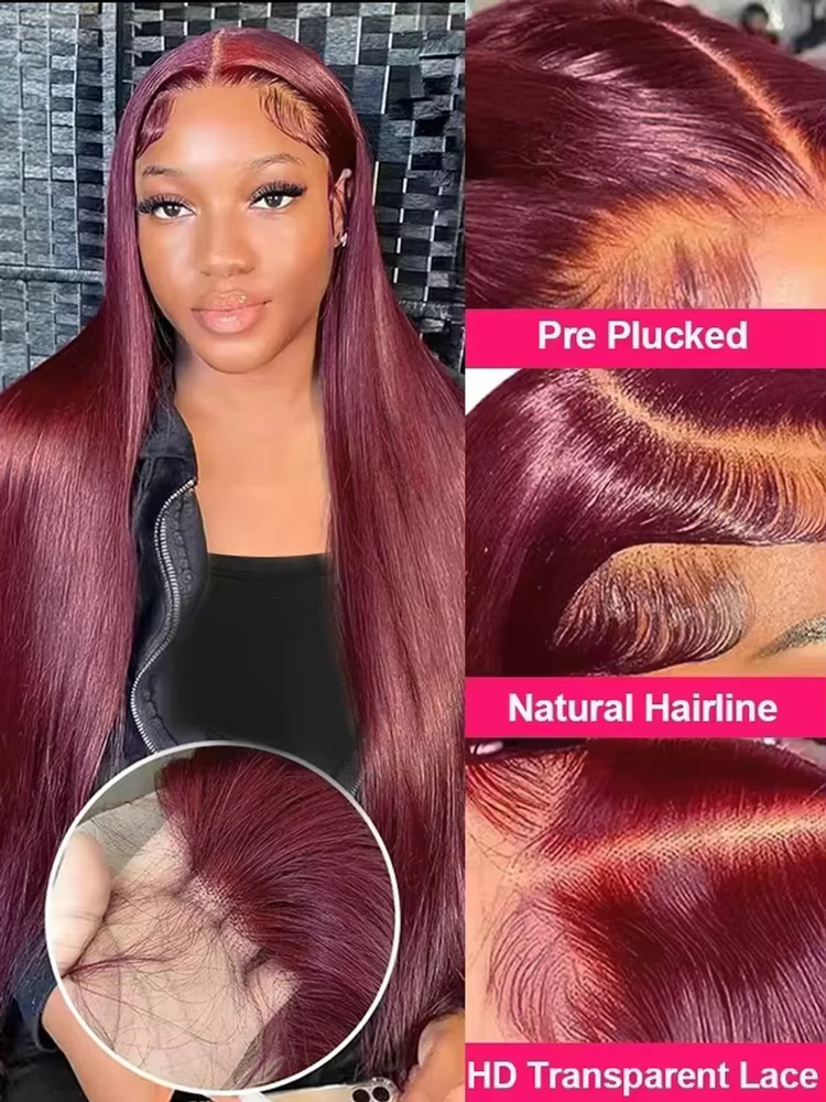 Perruque en cheveux humains longs et raides de couleur rouge, densité 220, Max-lace, 99J Bourgogne,