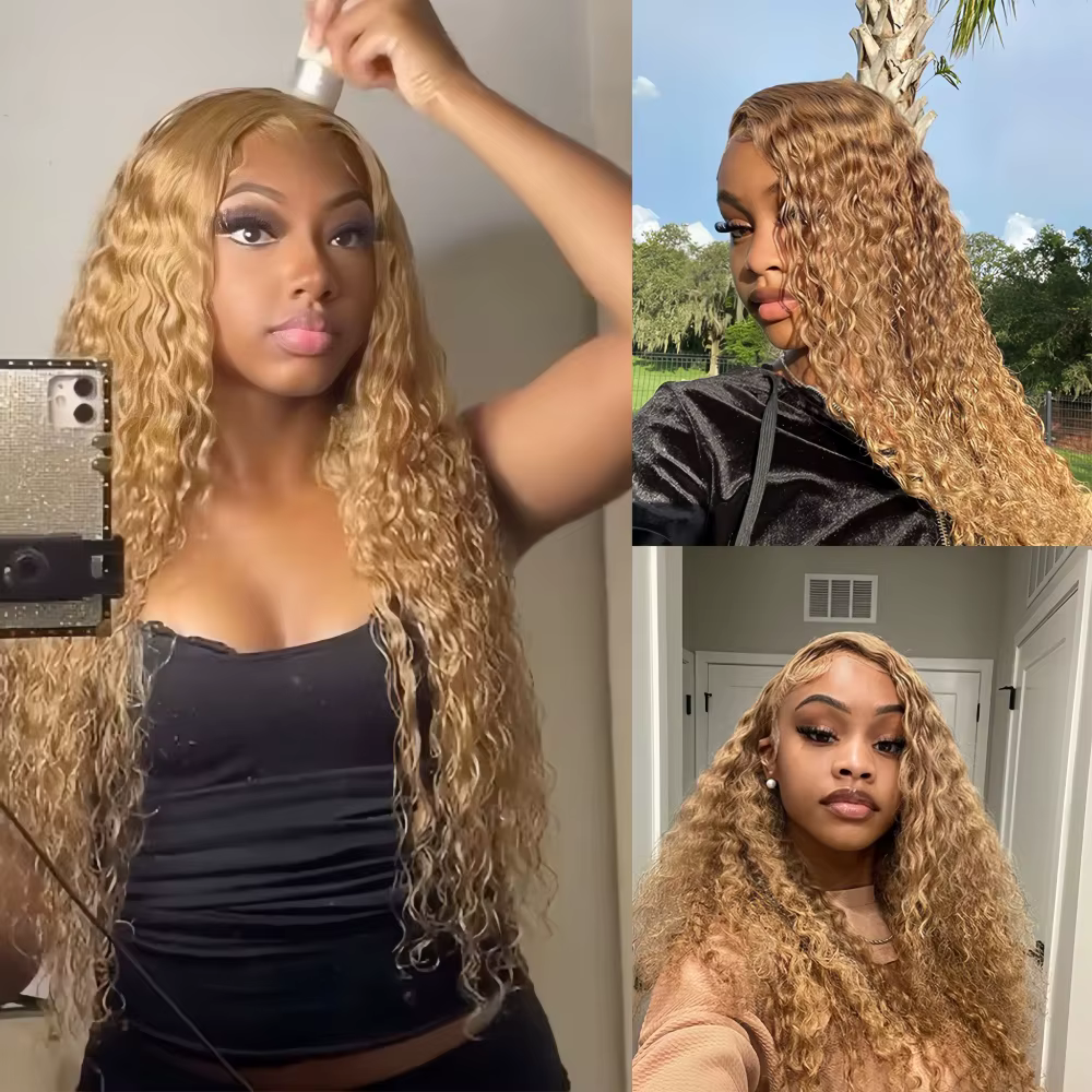 27 # Perruque Blonde miel cheveux humains 13x6 cheveux humains bouclés dentelle frontale perruque