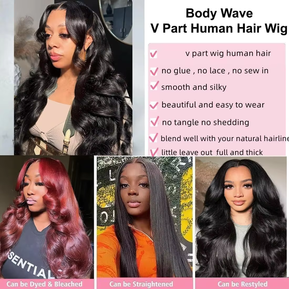 Vague de corps V partie perruques cheveux humains 250% densité pour les femmes pleine tête pince en 