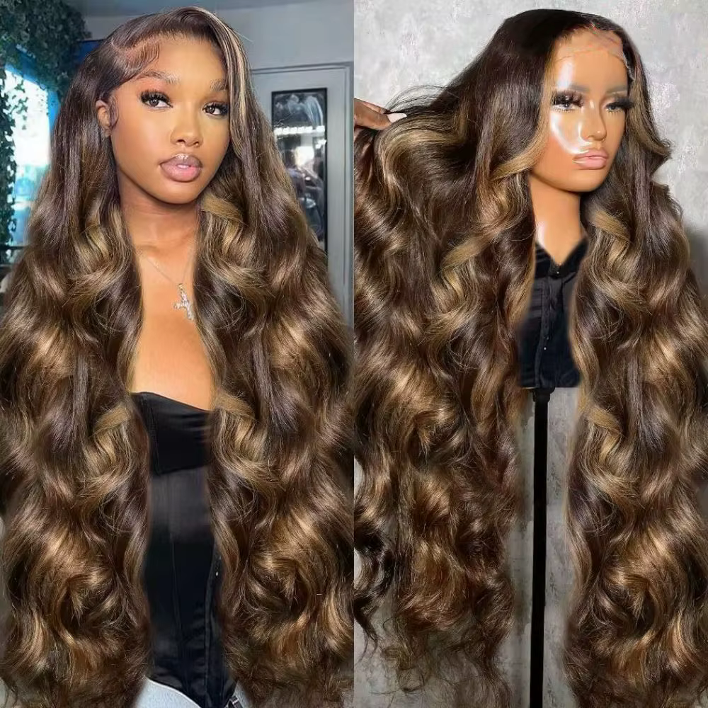Perruque Body Wave Ombrée 30-36 Pouces, Couleur 4/27, Cheveux Humains HD, Perruques Lace Front 13x4 