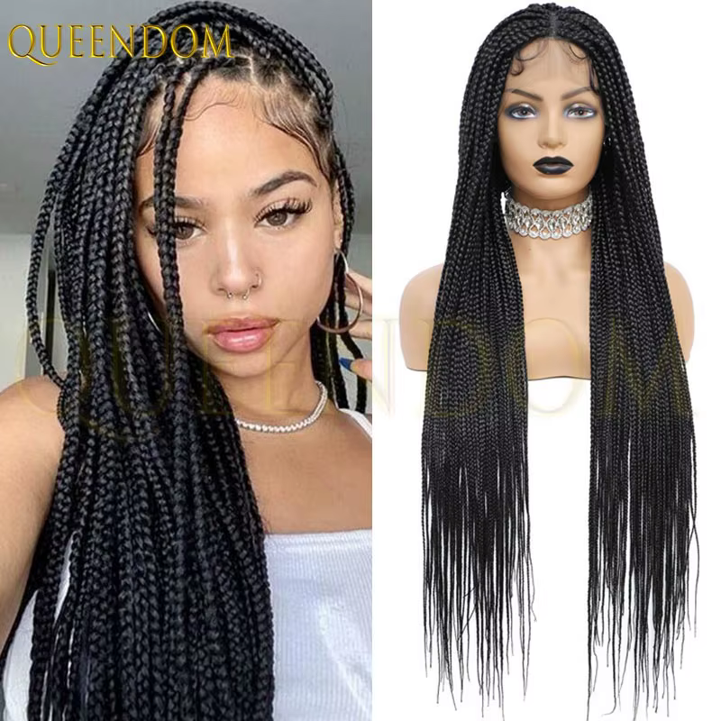 Perruques tressées synthétiques sans nœuds en boîte pleine dentelle Cornrow perruques de cheveux tre