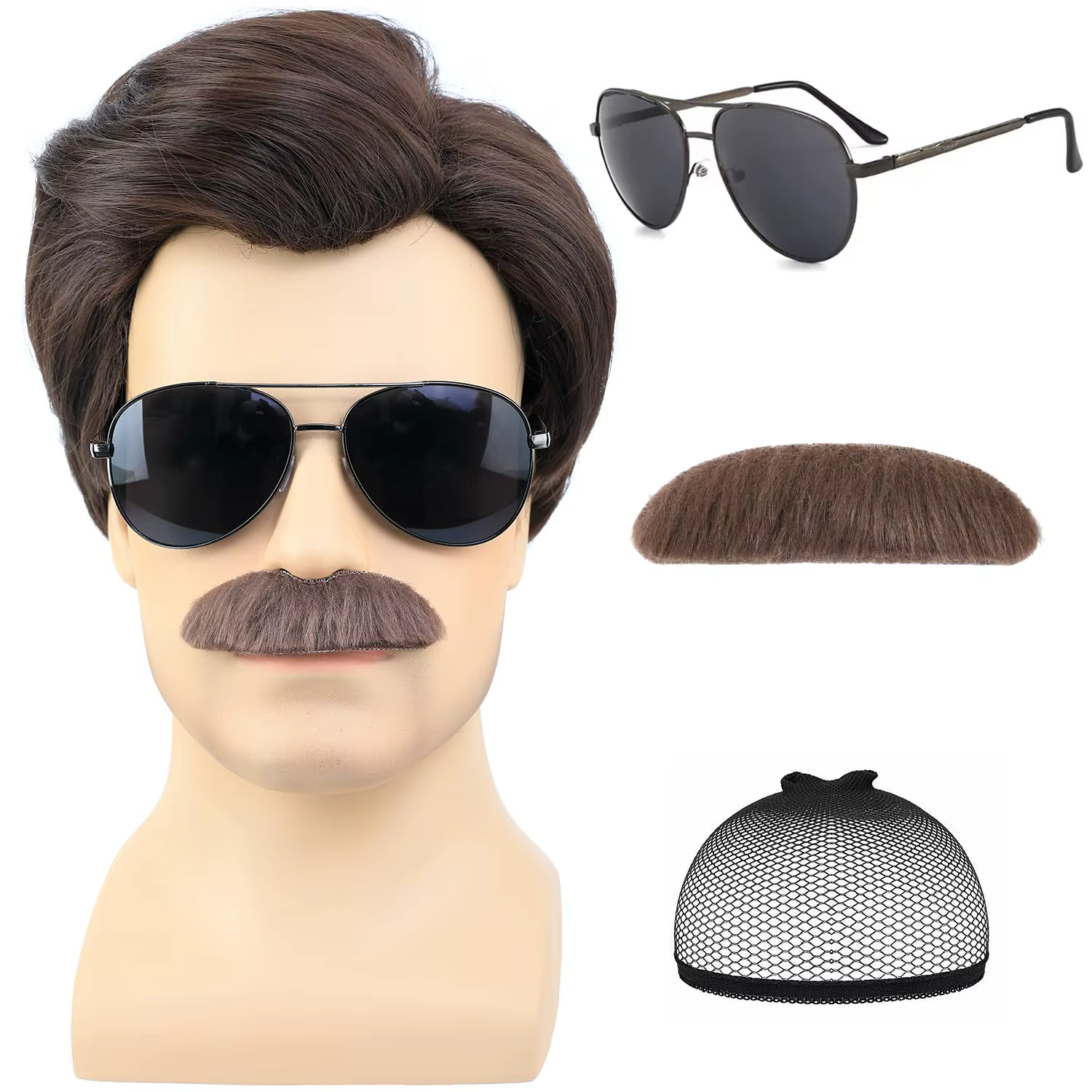 Perruque synthétique courte marron pour hommes, avec mottes et lunettes de soleil, pour Costume de C