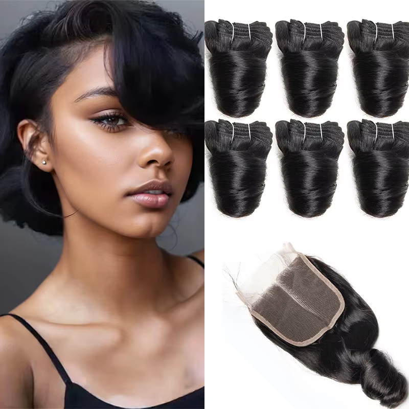 Extensions de cheveux naturels brésiliens ondulés avec closure courte 4x4 en dentelle