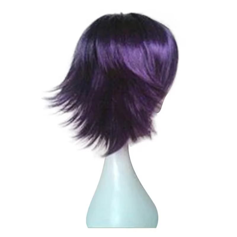 Perruque de Cosplay synthétique courte bouclée violette noire, perruque de Cosplay Anime en Fiber de