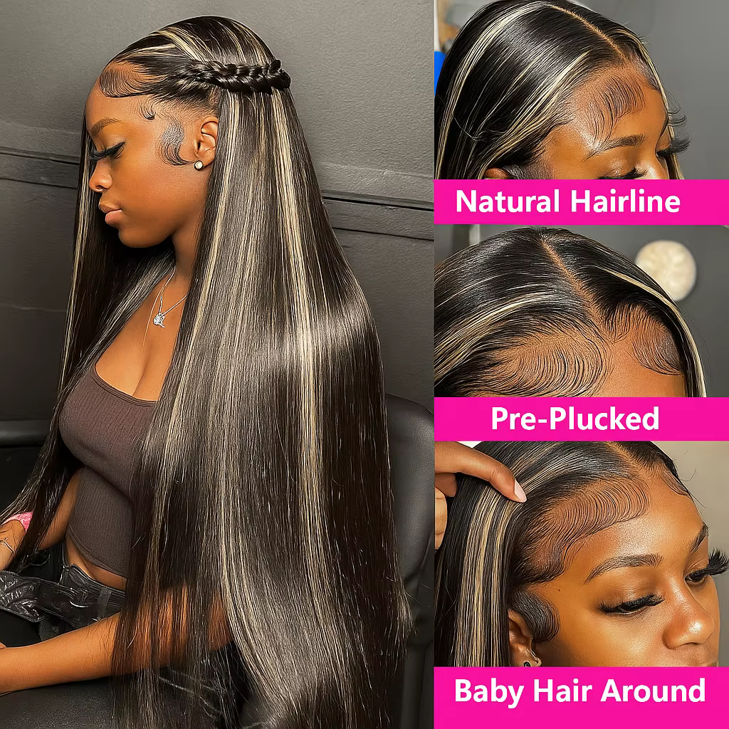 Perruque Lace Front Wig naturelle lisse à reflets 1b30, cheveux lisses noirs avec dégradé marron, 13