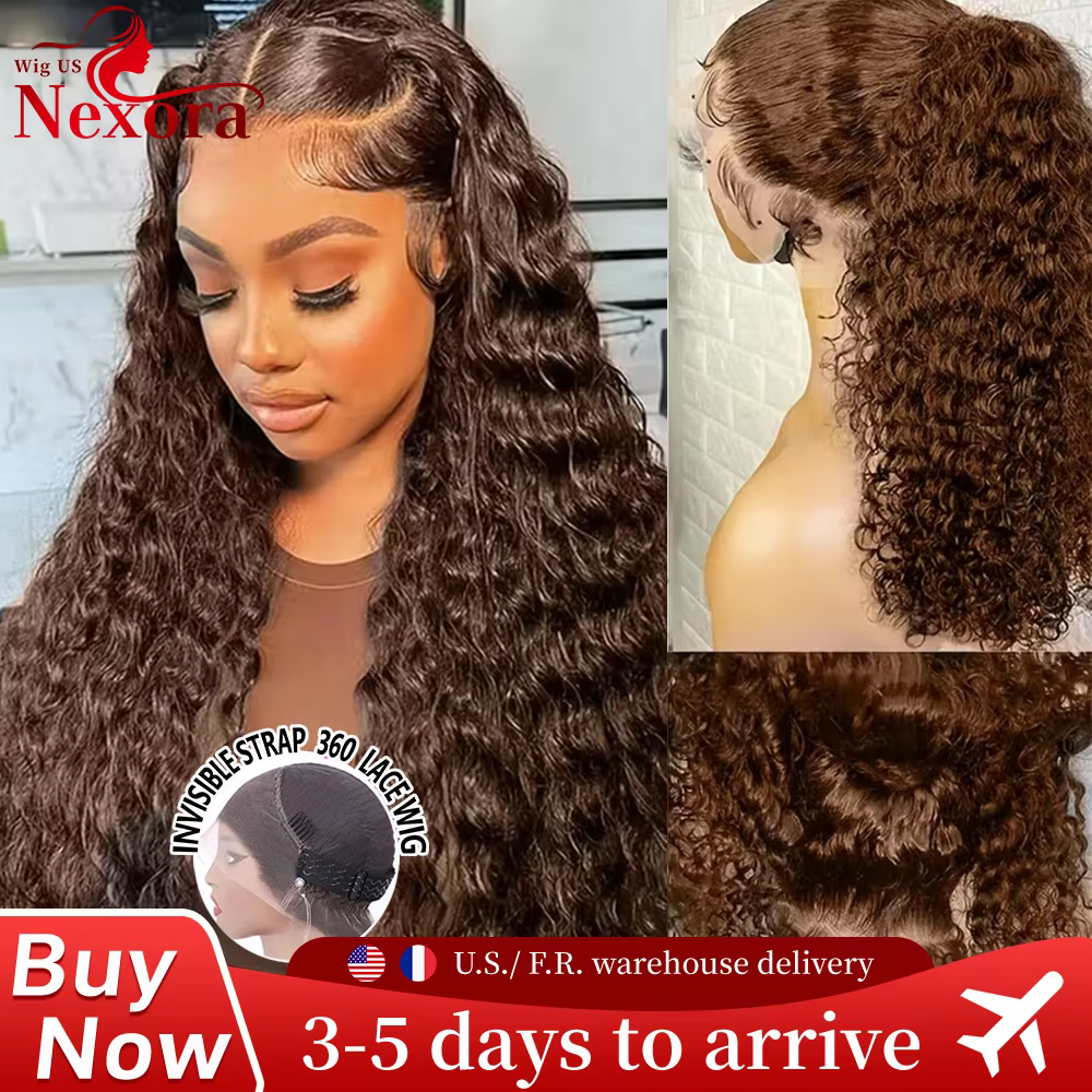 Perruque en cheveux humains Deep Wave Invisi Strap 360 HD Lace Front, brésilienne, Water Wave, marro