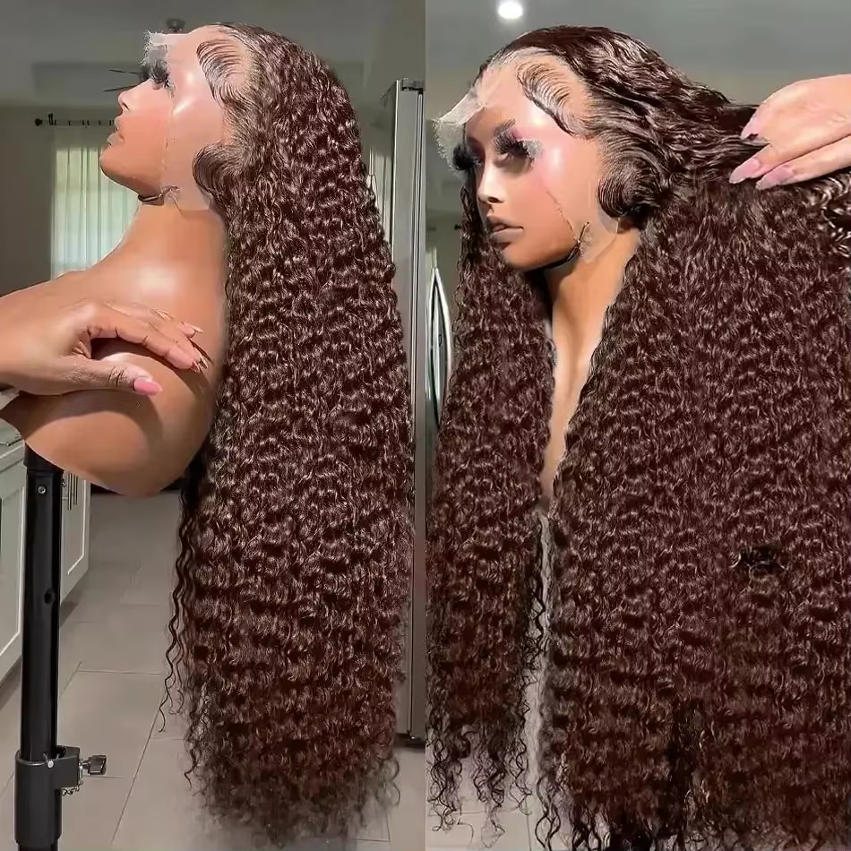 Perruques bouclées profondes en cheveux humains, brun chocolat, perruque frontale en dentelle HD 13x