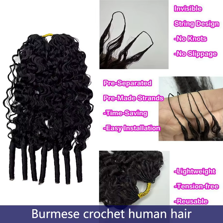 Extensions de cheveux humains bouclés au crochet, style boucles birmanes, pré-séparées, sans nœuds, 