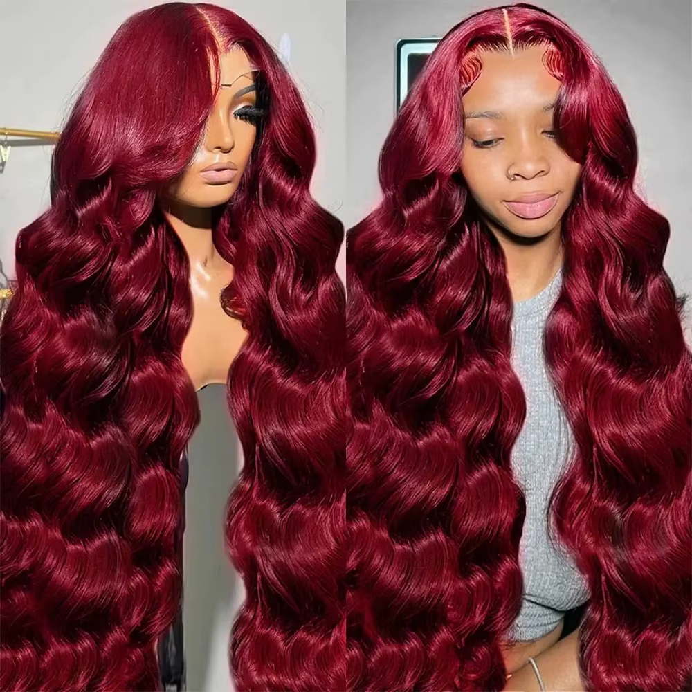 Perruque Lace Front Wig Body Wave naturelle Remy, cheveux humains, couleur bordeaux, 13x4, HD, 99J, 