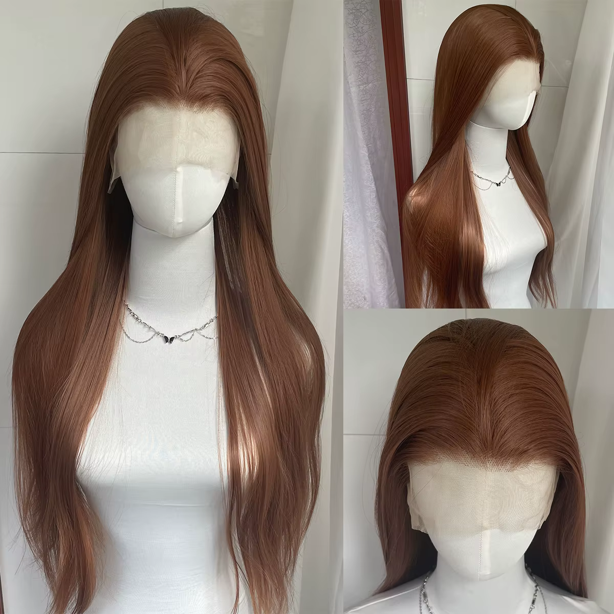 Perruque Lace Front Wig synthétique lisse et longue, brun miel, 13x4, 26 pouces, sans colle, nouée à