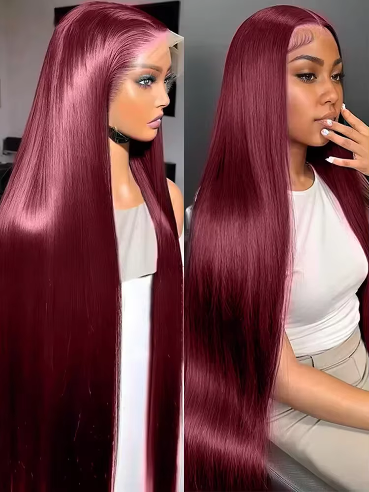 Perruque en cheveux humains longs et raides de couleur rouge, densité 220, Max-lace, 99J Bourgogne,