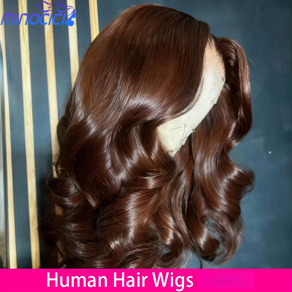 Perruques en cheveux humains ondulés brun chocolat, perruque frontale en dentelle HD 13x6, perruque 