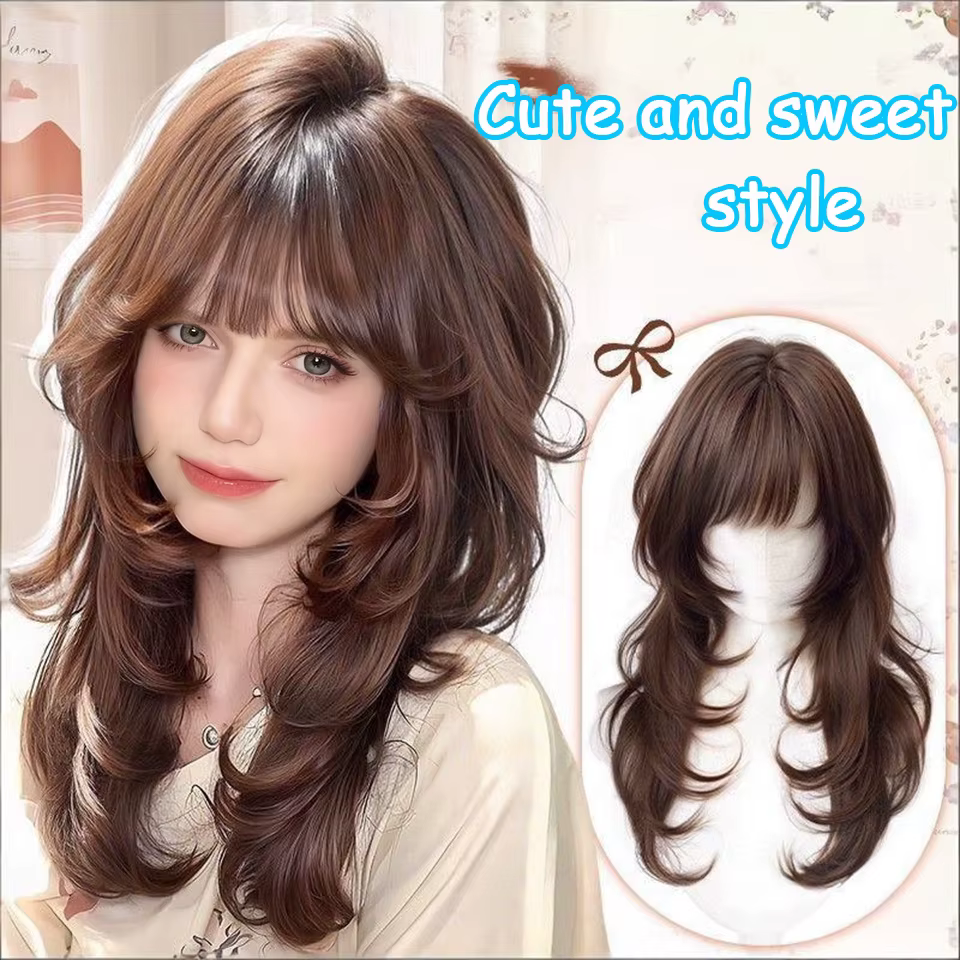 Perruque synthétique Style Lolita avec frange, cheveux longs bouclés, Fibers haute température, pour