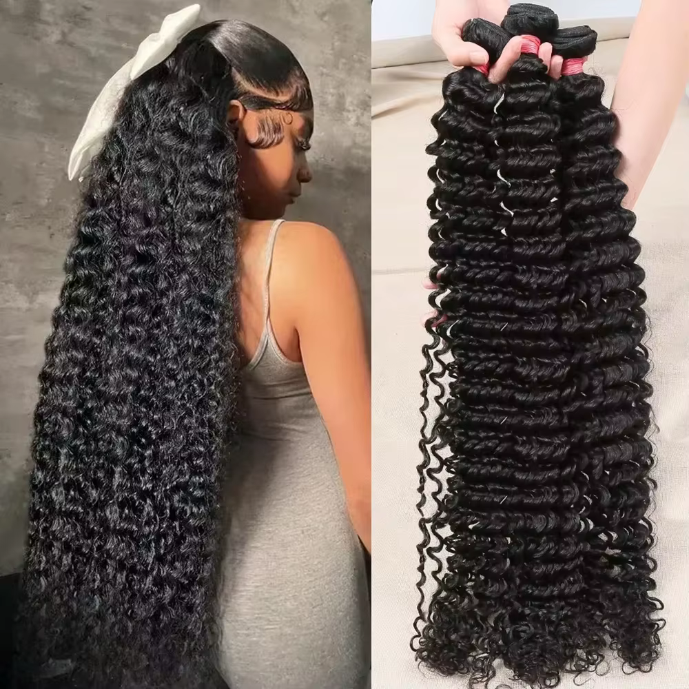 Tissage en lot brésilien naturel Remy Deep Wave, 40 pouces, noir naturel, non traité, Extensions de 