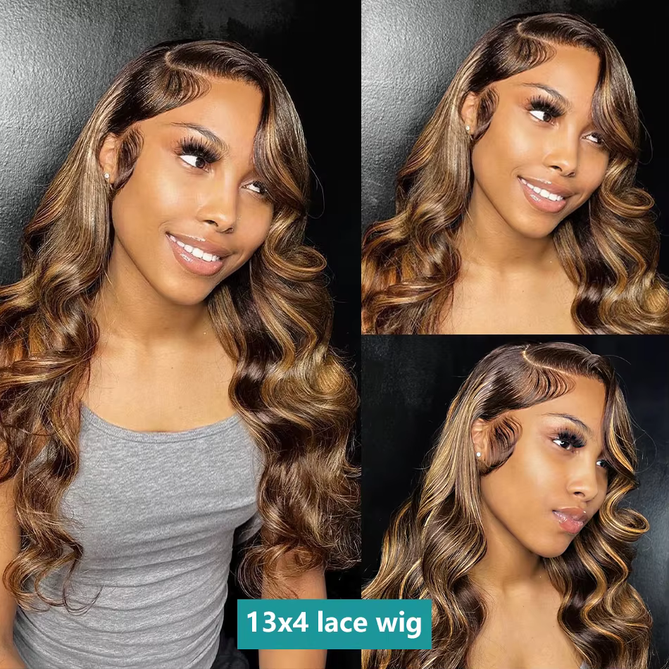 Perruque Lace Front Wig Body Wave Naturelle Remy Sans Colle, Cheveux Humains, Balayage Blond Brun Om