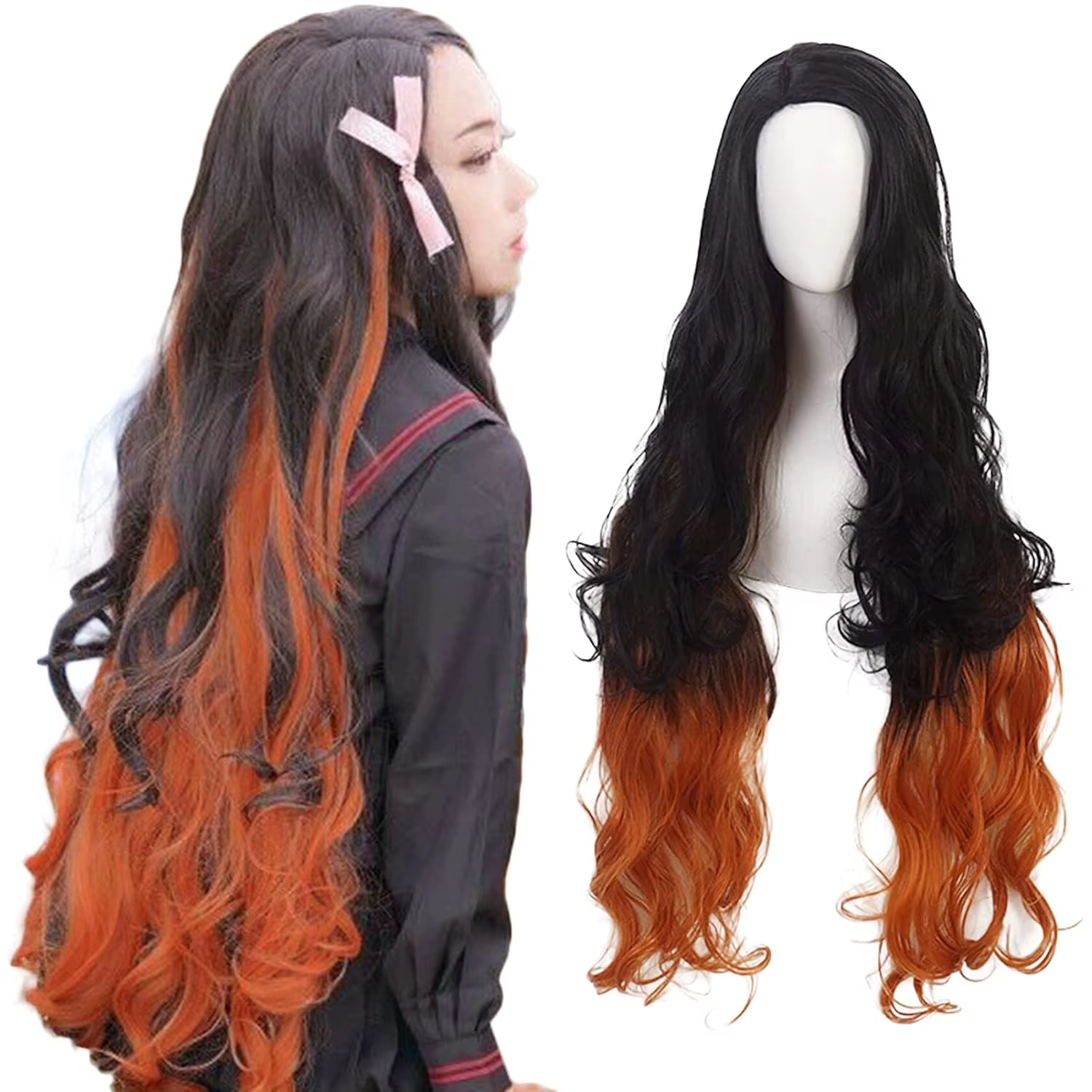 Perruques synthétiques longues et bouclées Kamado Nezuko pour femmes, orange mélangé noir, pour cost